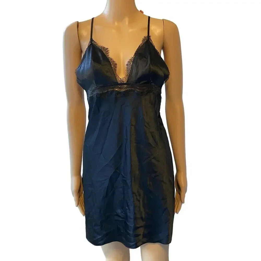 Victoria's Secret Black M Satin Plunge Lace Babydoll Slip Dress Nighty Lingerie